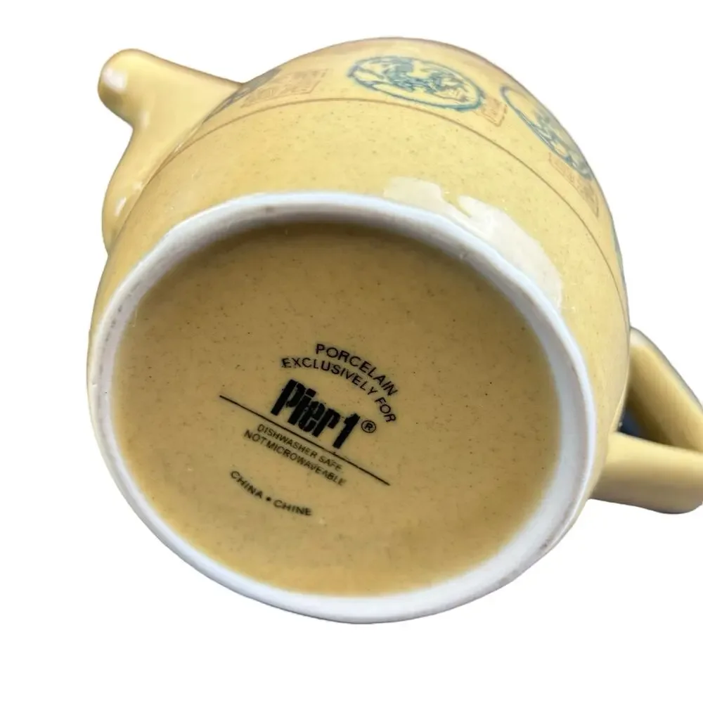 Pier 1 TeaPot  Porcelain Yellow Green Asian Dragon Stamps Design Art Stoneware
